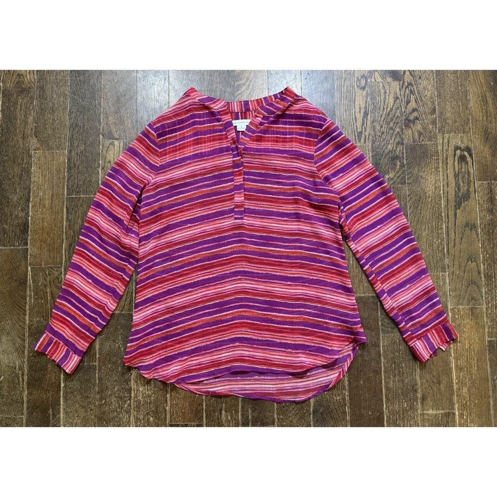 Liz Claiborne Top Women's Size M Pink Red Striped Long Sleeve Half Button Blouse
